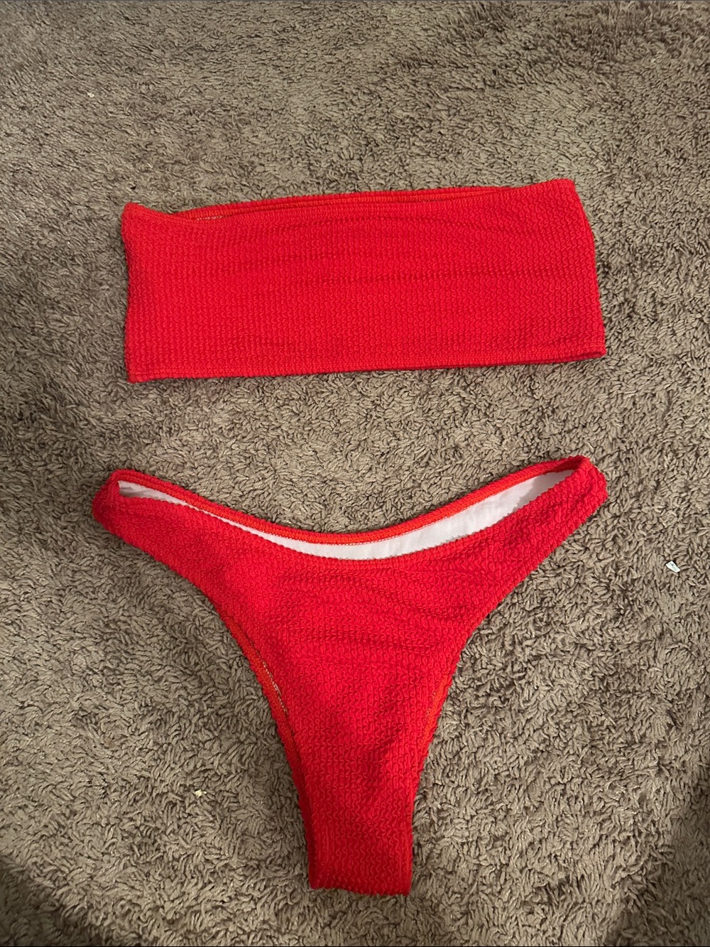 Red Textured Bandeau Bikini Set